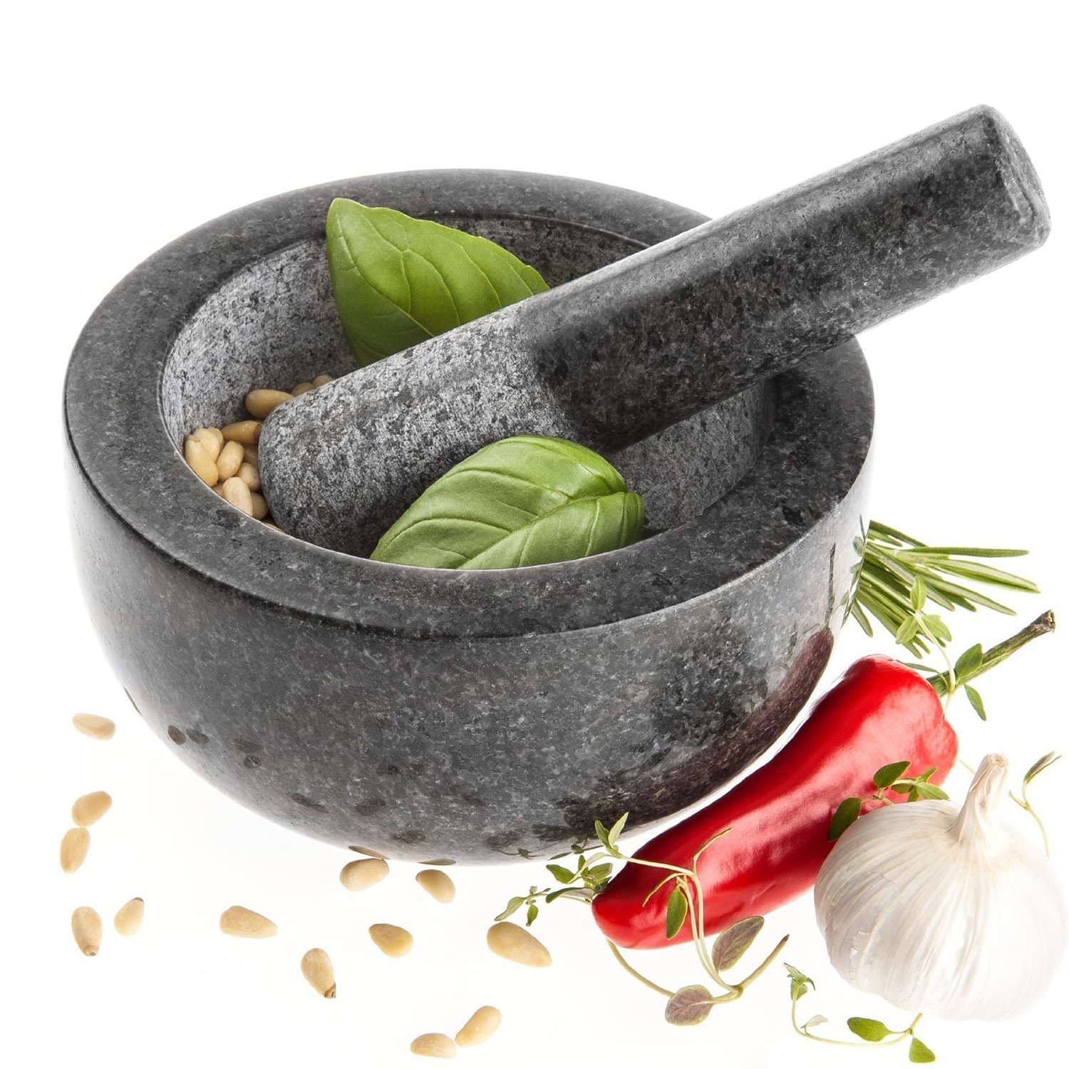 Mortar And Pestle Set Large Granite Natural, Polished Black Exterior Finish